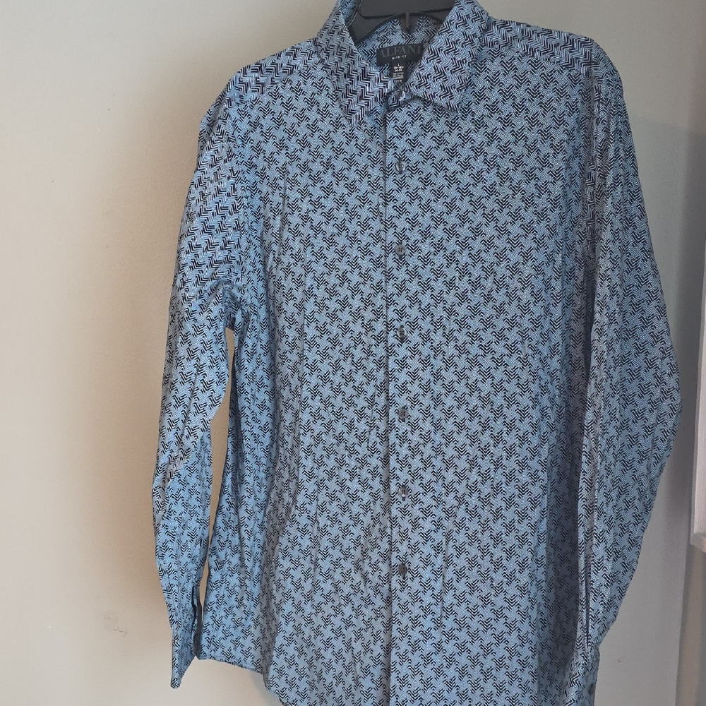Alfani Slim Fit Blue and Black Geometric Shirt Size Large 16-16.5 34/35